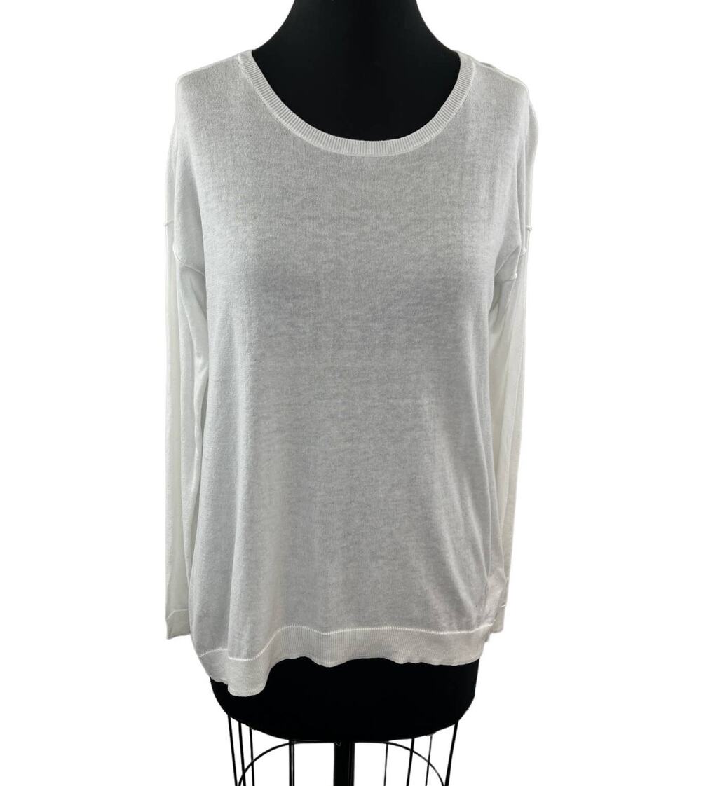Minnie Rose White XS Top Round Neck Restore Asymmetrical Long Sleeve Pullover